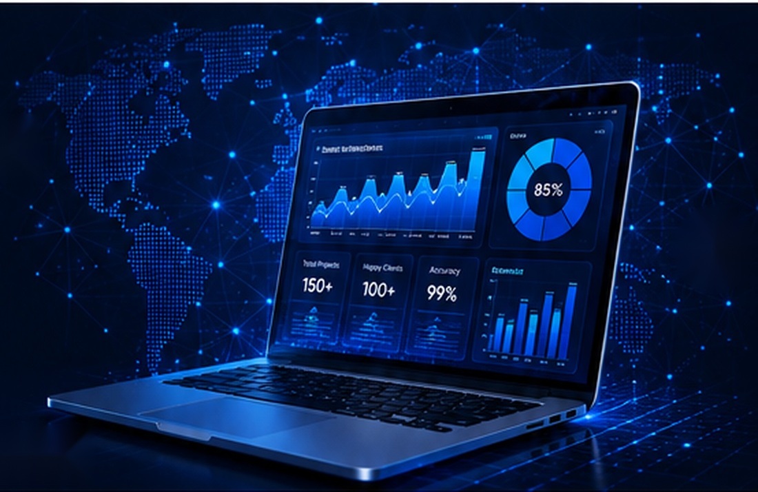 Business data analytics dashboard on laptop